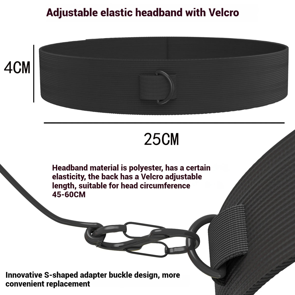Bandeau élastique noir réglable avec velcro et boucle adaptatrice en forme de S