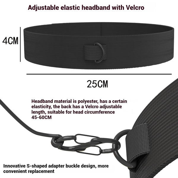 Black adjustable elastic headband with Velcro and a S-shaped adapter buckle design