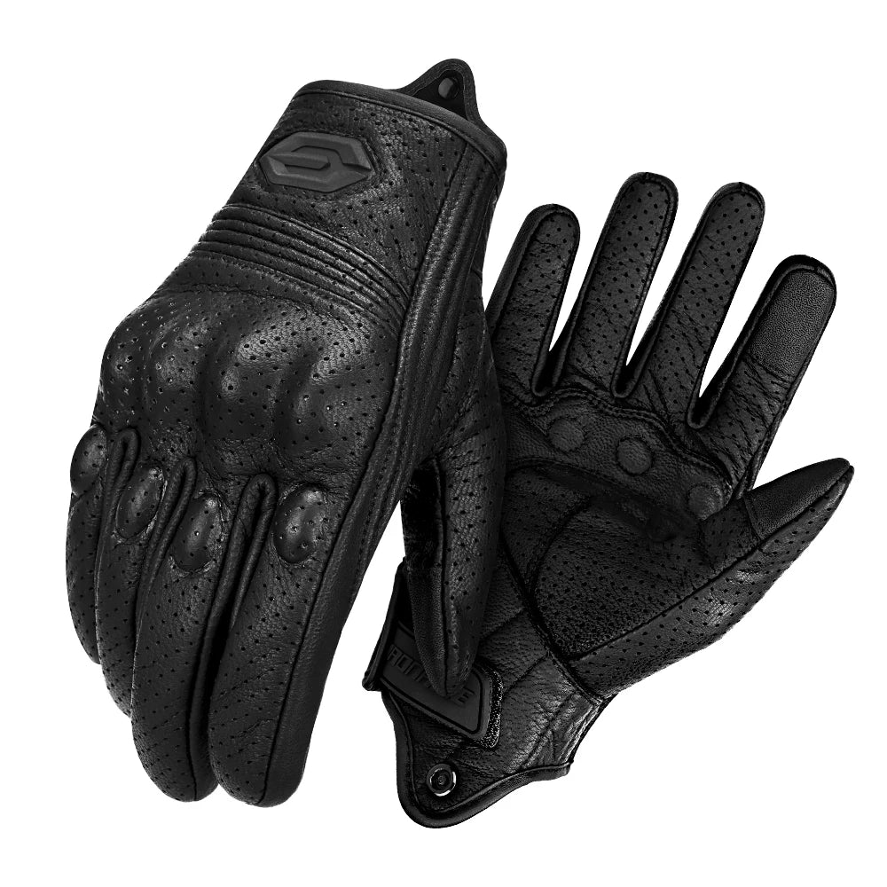 A pair of black vintage leather motorcycle riding gloves shown from the palm side.
