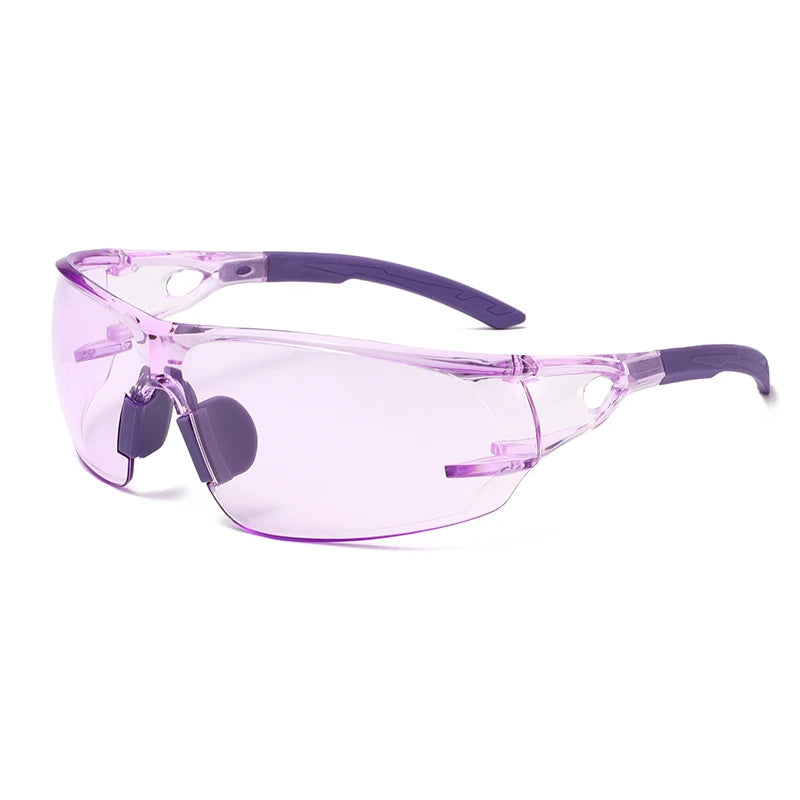 A pair of translucent purple safety goggles with a purple strap and clear lenses.