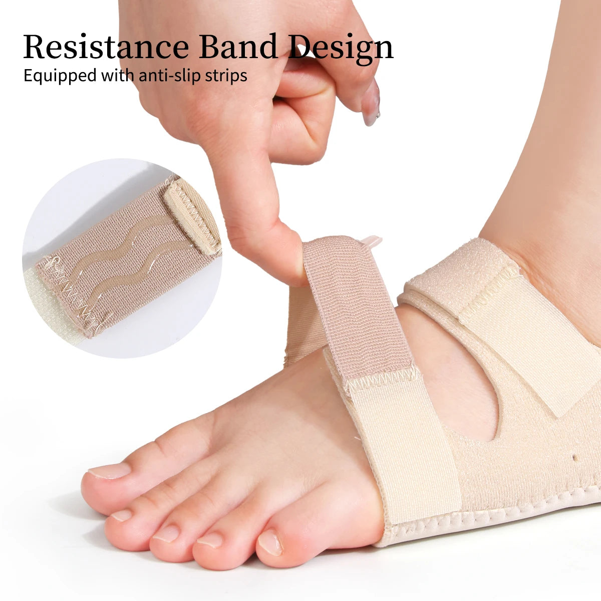 Close-up of a beige resistance band design fitted around a foot, showing anti-slip strips.