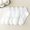 A row of white crew socks for men and women laid out on a light surface.