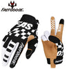 A pair of black and white FastGoose cycling gloves shown in a close-up view.