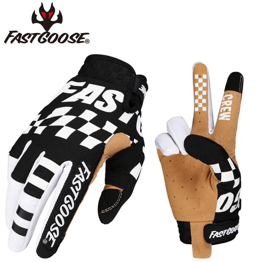 A pair of black and white FastGoose cycling gloves shown in a close-up view.