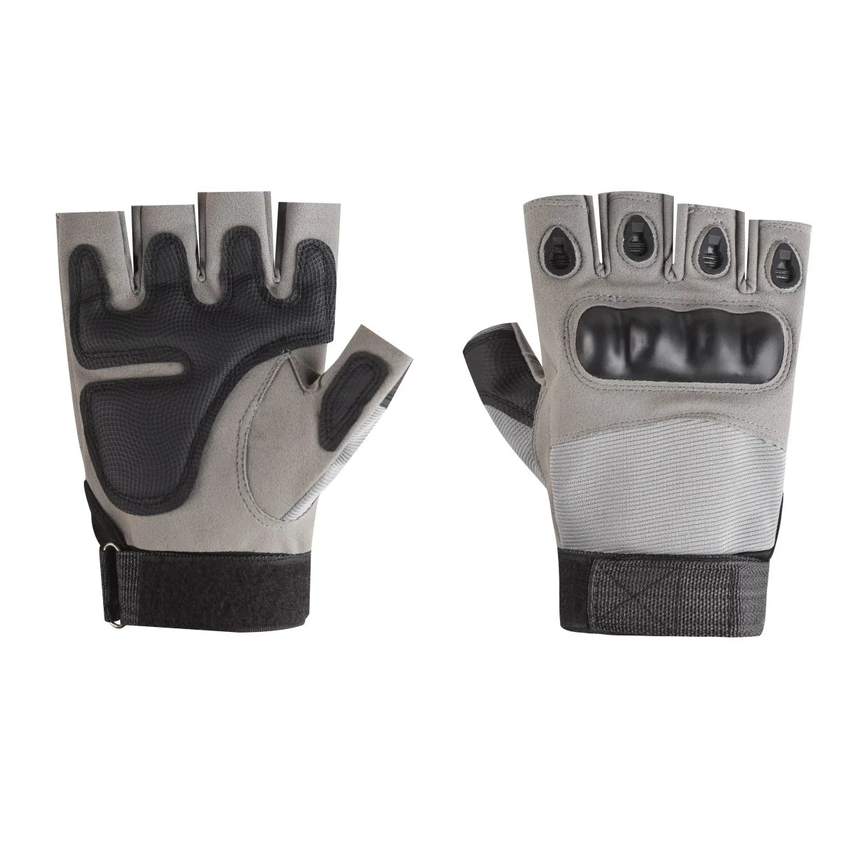 A pair of gray tactical gloves with black accents shown from the palm side.