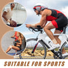 A man is exercising on a bicycle while wearing a foam elastic skin bandage for sports recovery.