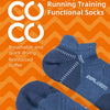 A pair of blue running socks shown against an orange background, highlighting features like moisture-proof and breathable.