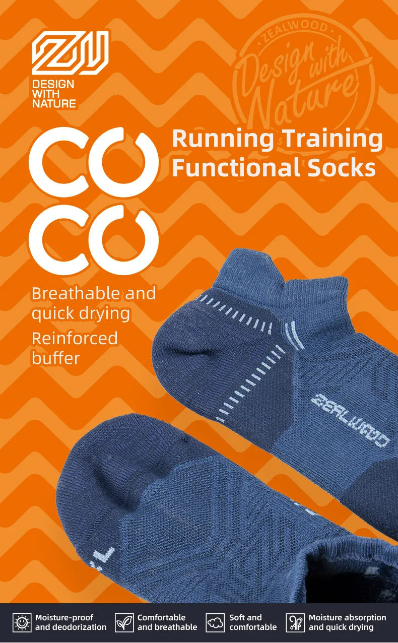 A pair of blue running socks shown against an orange background, highlighting features like moisture-proof and breathable.