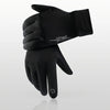 A pair of black thermal knit winter ski gloves shown against a light gray background.
