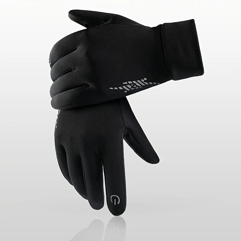 A pair of black thermal knit winter ski gloves shown against a light gray background.