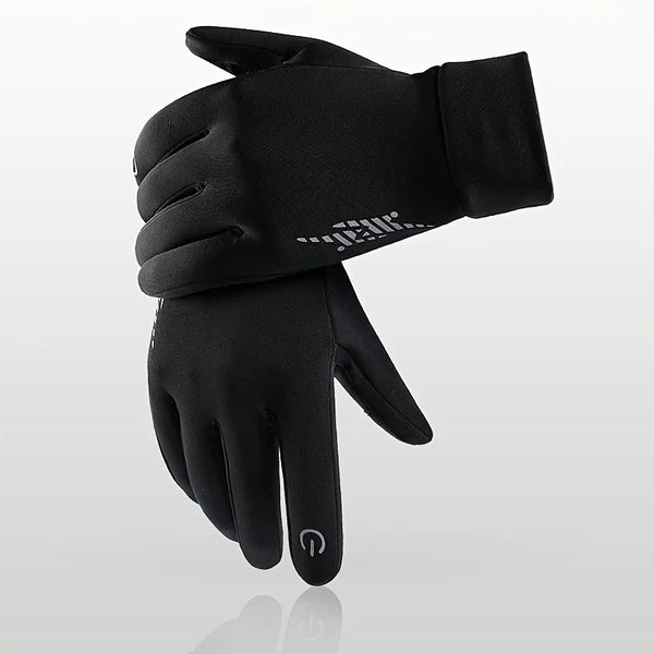 A pair of black thermal knit winter ski gloves shown against a light gray background.