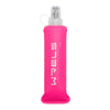 A pink silicone collapsible water bottle with a clear cap is shown against a white background.