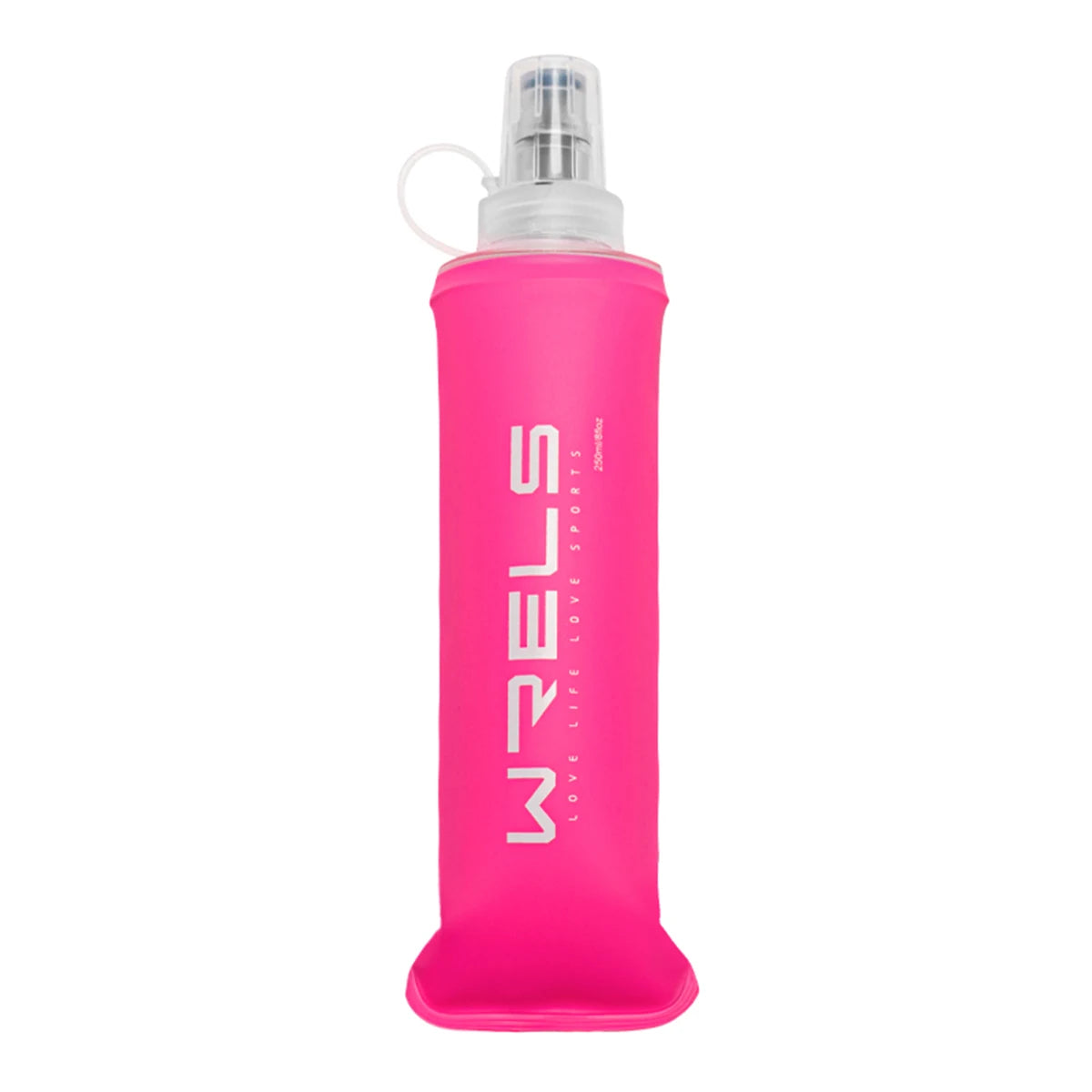 A pink silicone collapsible water bottle with a clear cap is shown against a white background.