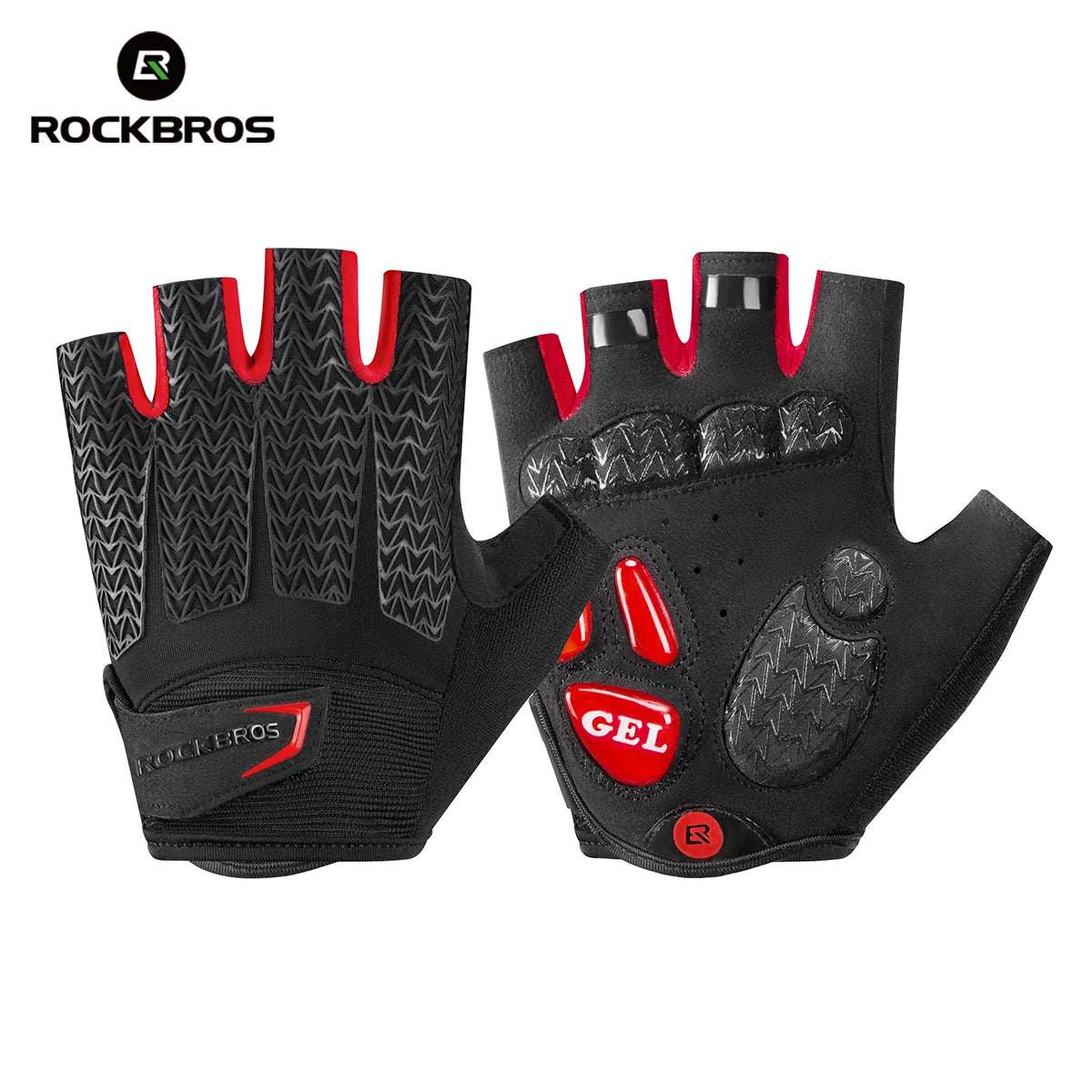 Black cycling gloves with red accents and textured palms for MTB riding