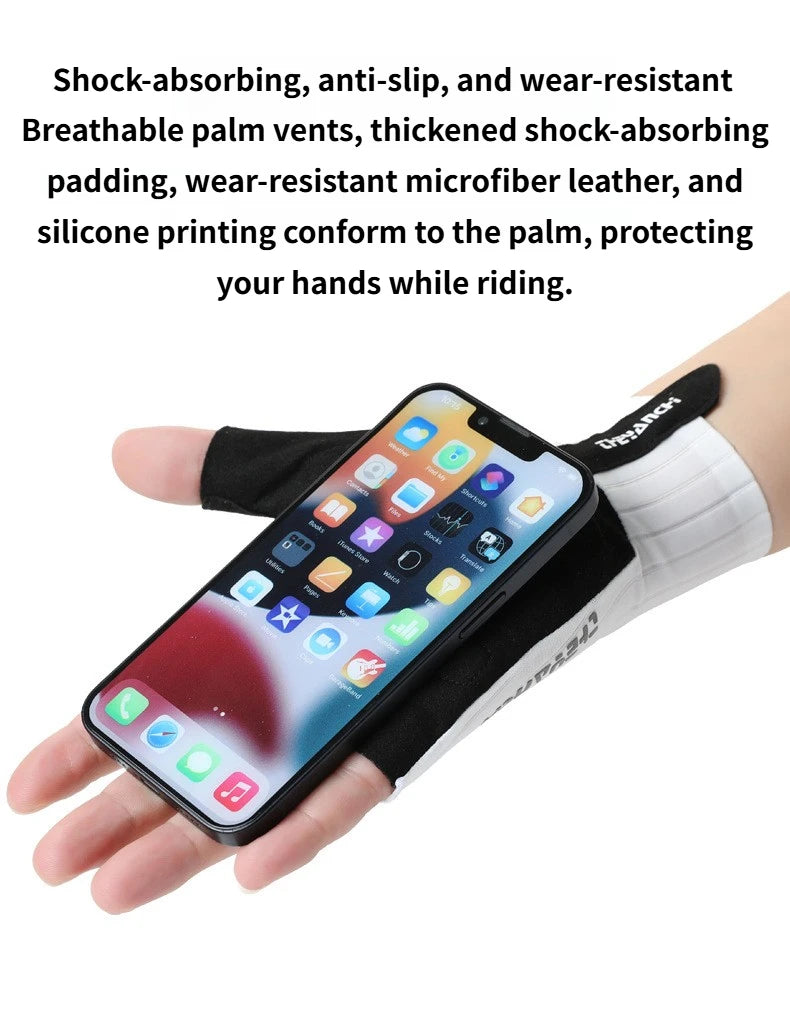 A hand wearing a black half-finger cycling glove on a smartphone.
