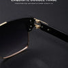 Close-up of black sunglasses showing an exquisite double hinge mechanism.