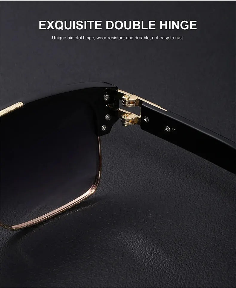 Close-up of black sunglasses showing an exquisite double hinge mechanism.