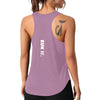 A purple running and yoga vest with a stylized cat design on the shoulder.