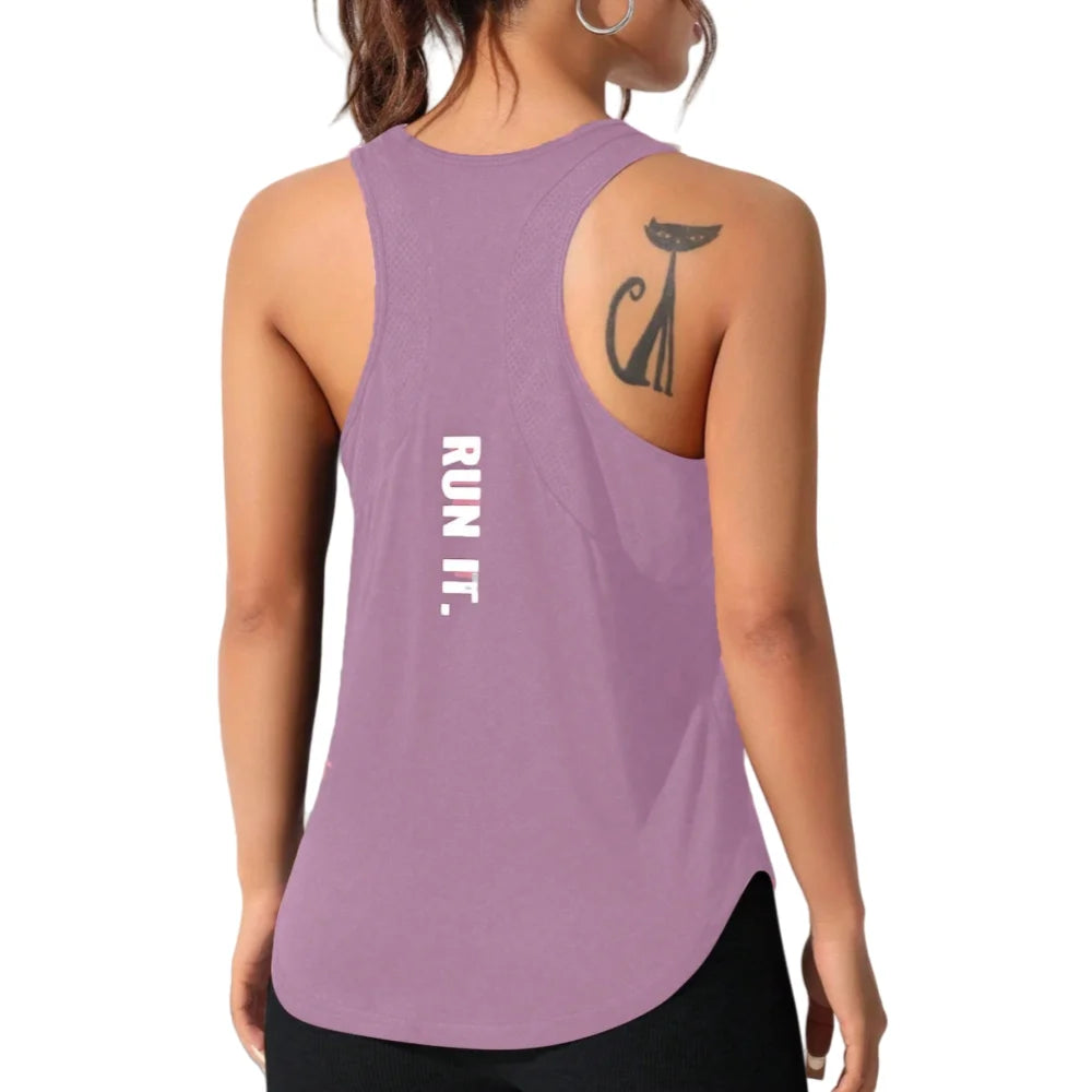 A purple running and yoga vest with a stylized cat design on the shoulder.