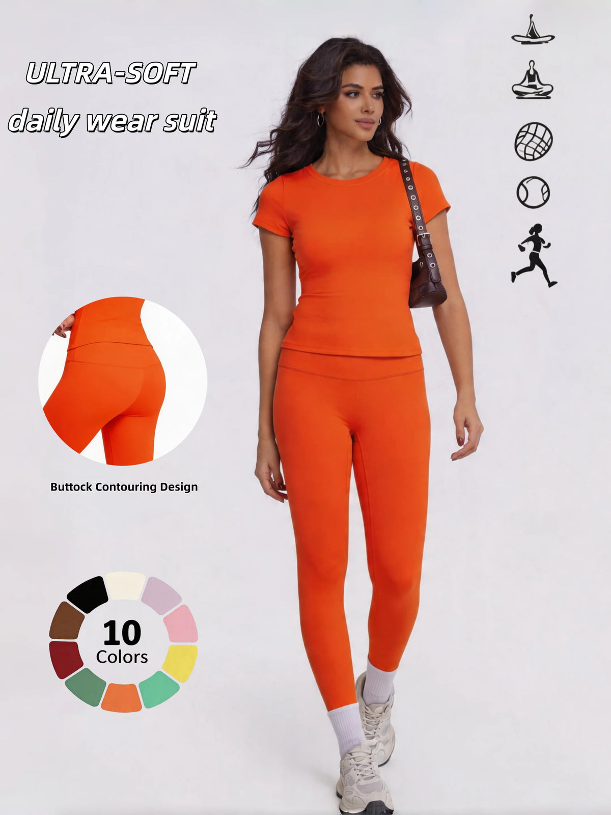 Una mujer modela un traje naranja ultra suave para uso diario con diseño para contorno de trasero e iconos de entrenamiento.