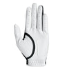 A close-up view of a white men's golf glove with black accents.