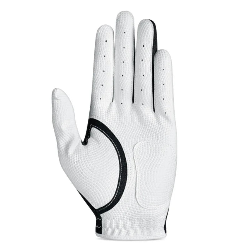 A close-up view of a white men's golf glove with black accents.
