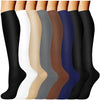 A row of compression socks in various colors, including black, white, beige, gray, brown, and blue.