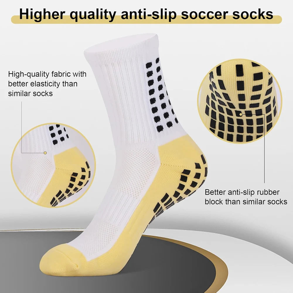 Anti-rutschige Fußballsocke in Weiß und Gelb, mit hochwertigem Stoff und besserem Anti-Rutsch-Gummiblock.