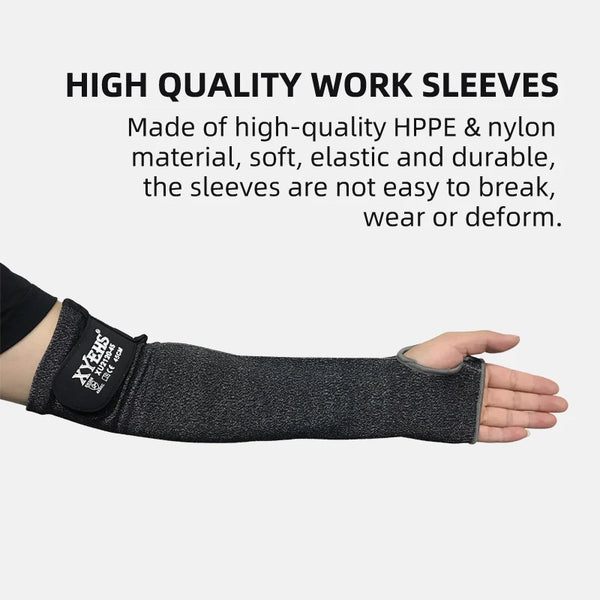 A black, durable arm sleeve is shown on a hand, demonstrating its fit and material.