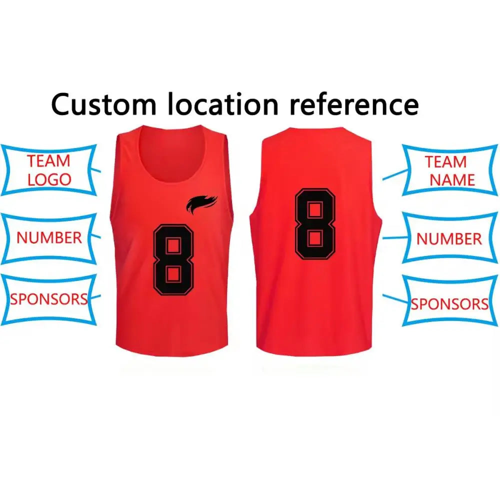 Red soccer training vests with custom location references for team logos, names, numbers, and sponsors