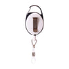 A white retractable ID badge reel keychain with a black loop and a metallic slide.