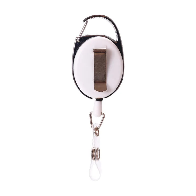 A white retractable ID badge reel keychain with a black loop and a metallic slide.