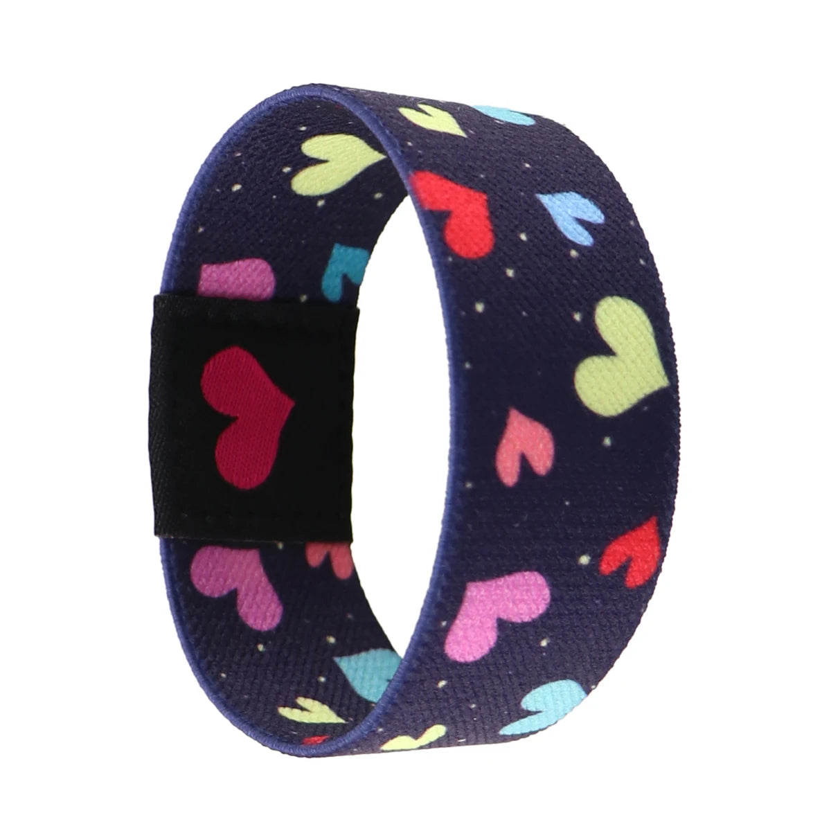 A dark blue stretch wristband bracelet patterned with colorful hearts.