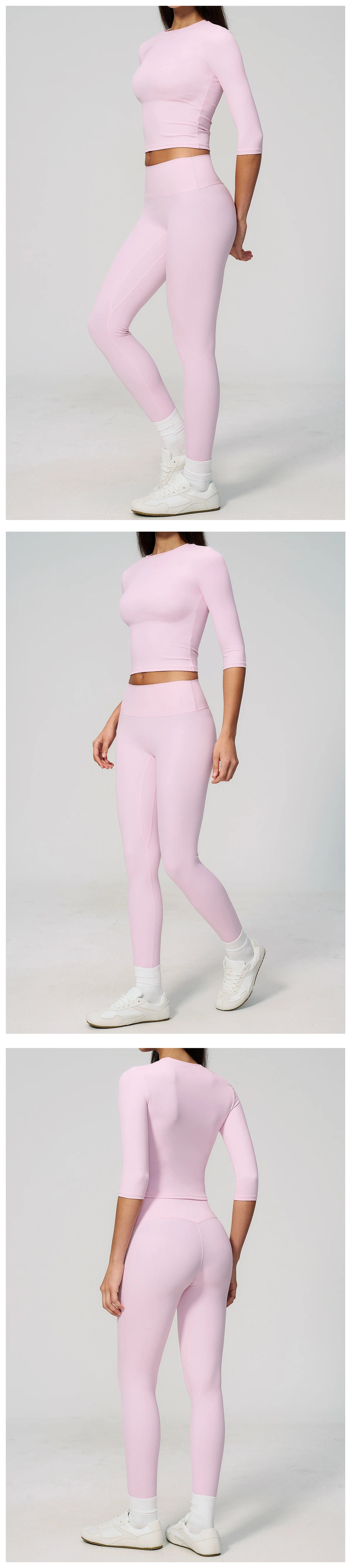 A woman models a pink women's yoga and fitness leggings set in three different styles.