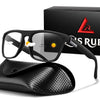 A pair of black photochromic square sunglasses resting on a black leather case with a black box in the background.