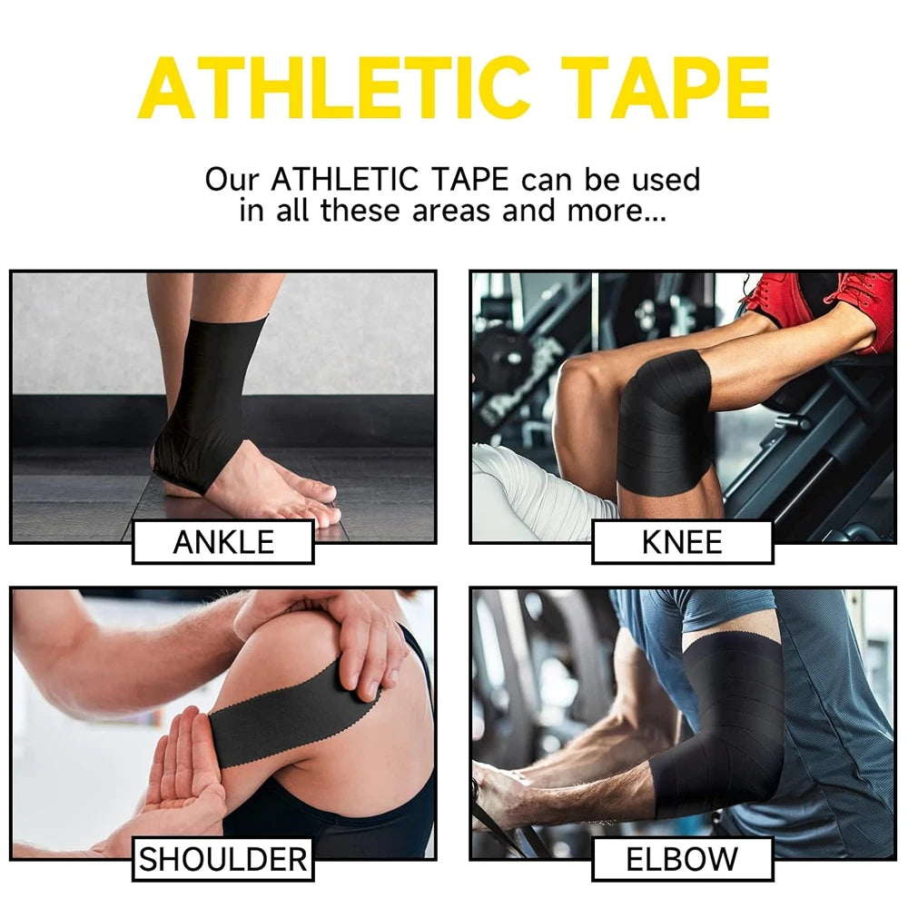 Various applications of athletic tape shown on an ankle, knee, shoulder, and elbow.