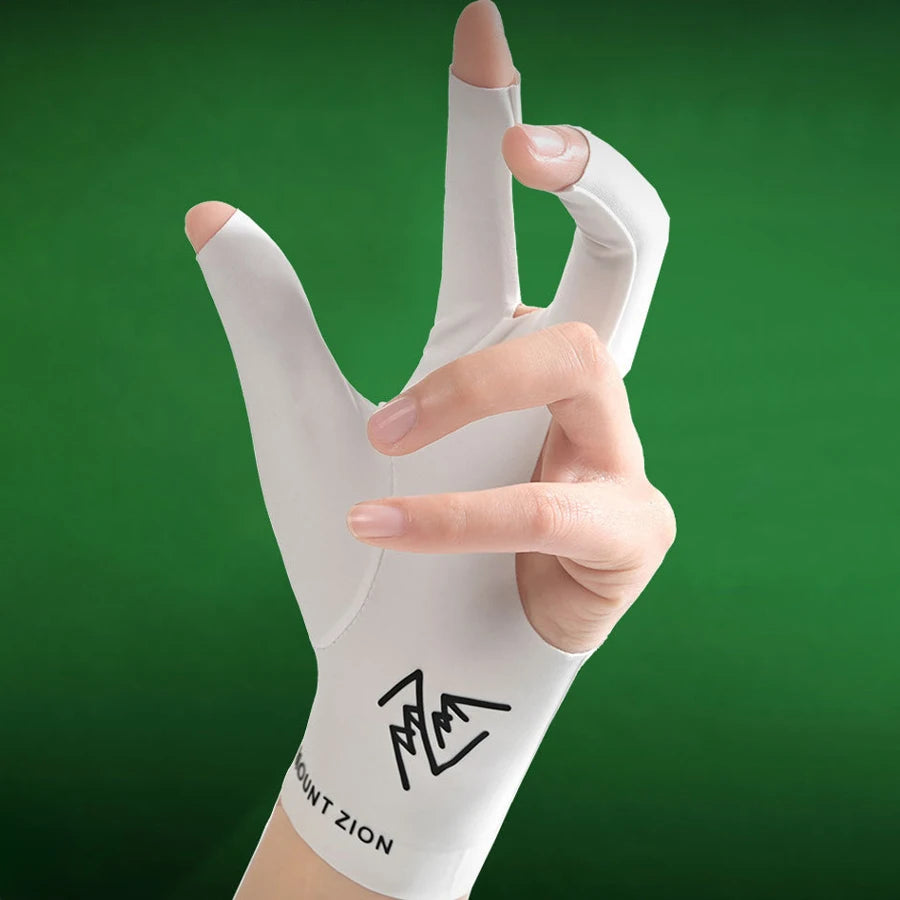 A hand wearing a white professional 3-finger billiard cue glove, demonstrating a V-sign gesture.