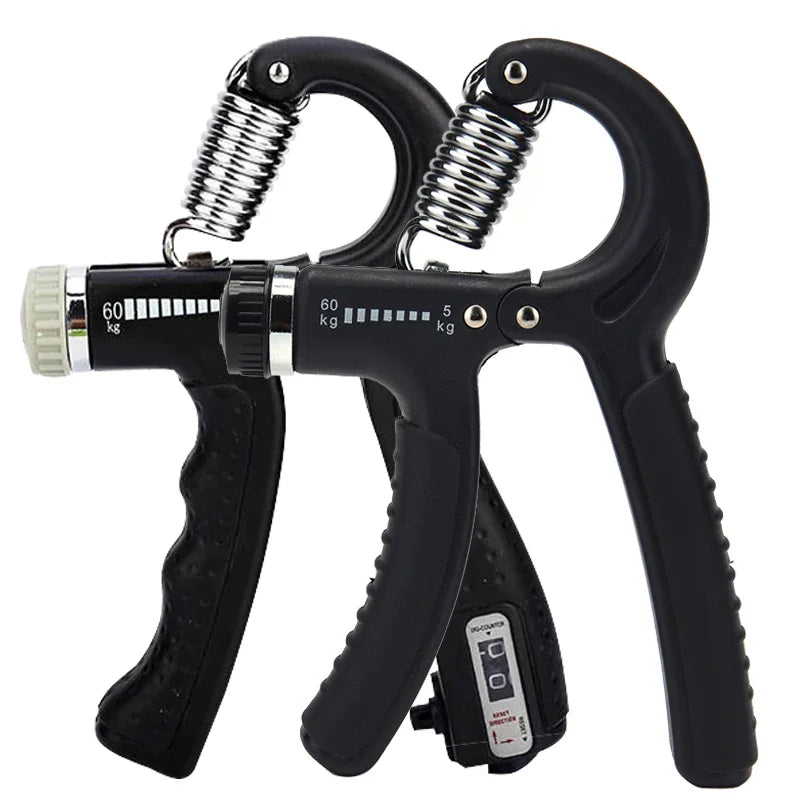 Black adjustable hand grip strengthener for forearm and finger exercise
