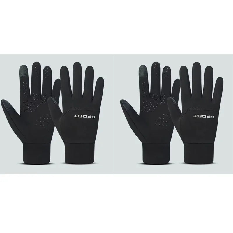 A set of black sports football gloves for cycling and outdoor activities displayed on a light gray background.