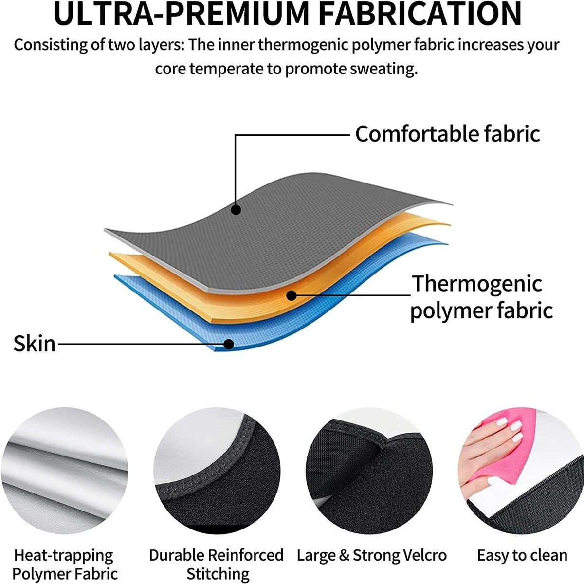 Cross-section diagram showing two layers of fabric: a comfortable fabric and a thermogenic polymer fabric.
