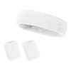 A set of three white athletic sweatbands or hairbands rolled into cylindrical shapes.