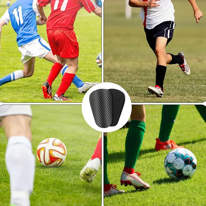 A collage showing soccer players training, close-ups of carbon fiber shin guards, and a soccer ball.