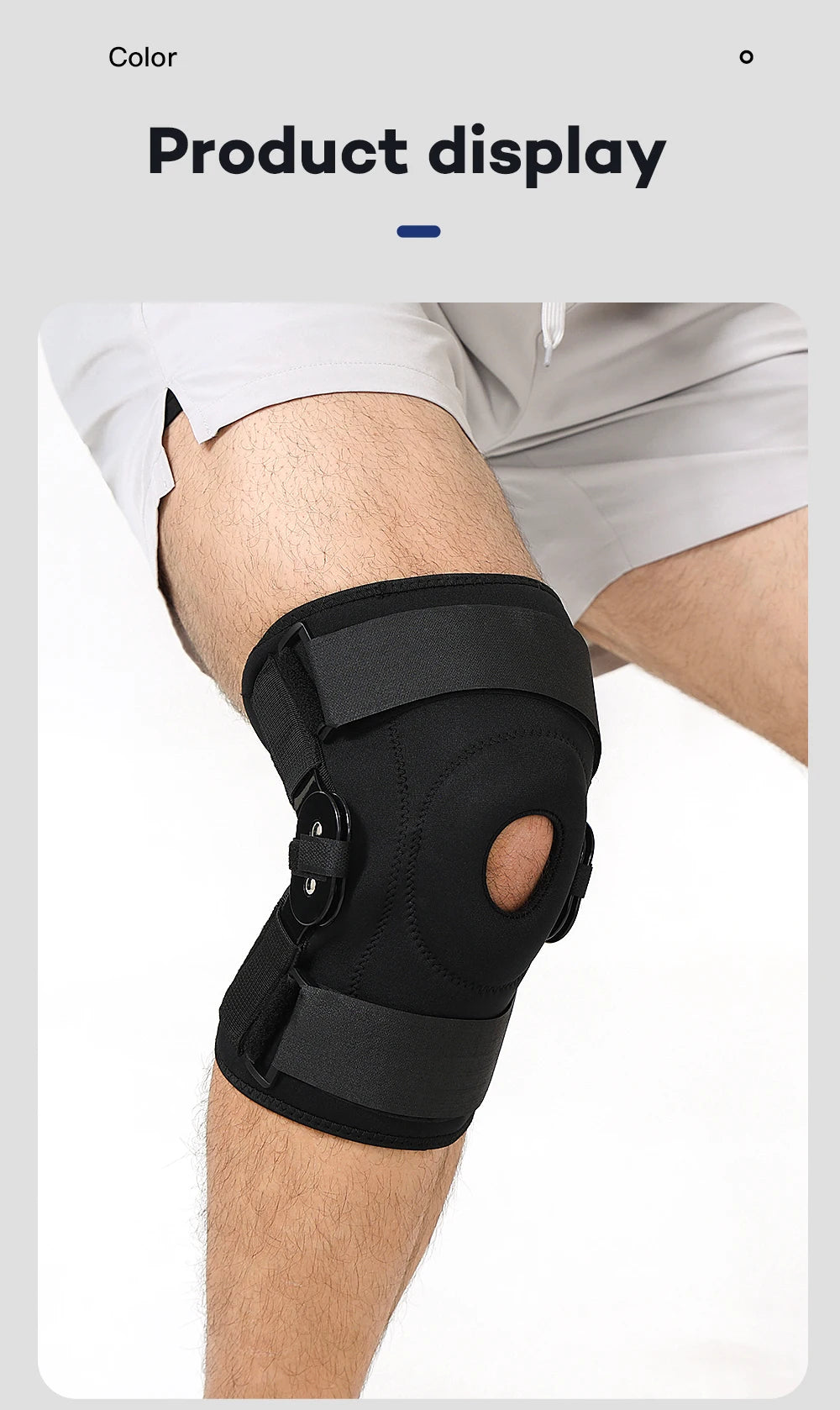 A black adjustable knee pad with dual stabilizers is shown on a person's leg for joint support.