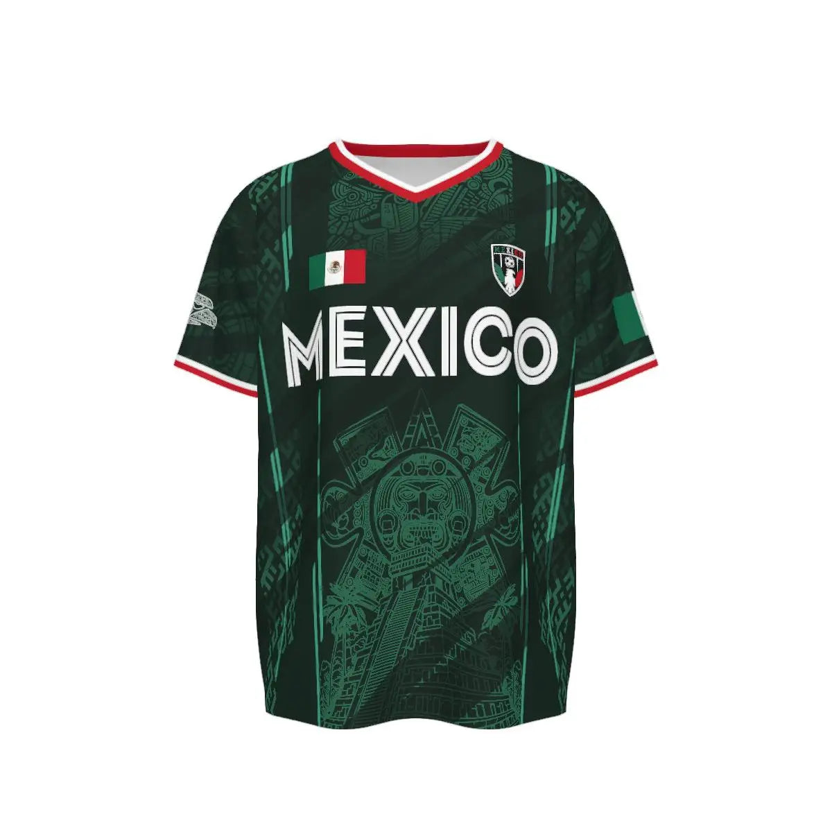Dunkelgrünes Fußballtrikot mit weißem Rand und dem Wort MEXICO auf der Brust.