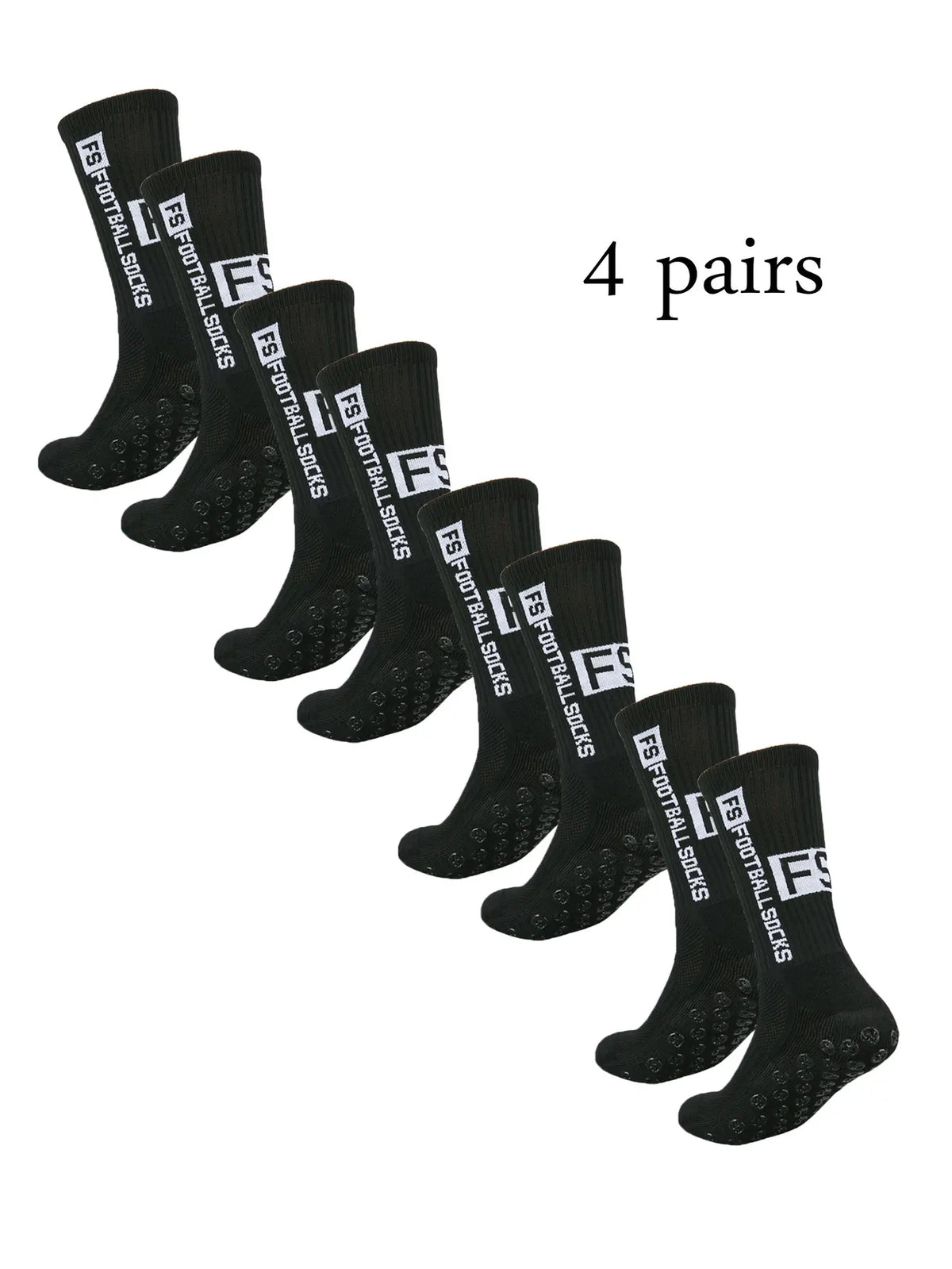 Four pairs of black men's athletic soccer socks with anti-slip grip
