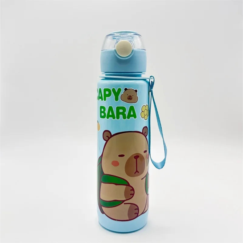 A light blue insulated water bottle featuring a cute bear design and a matching lid.