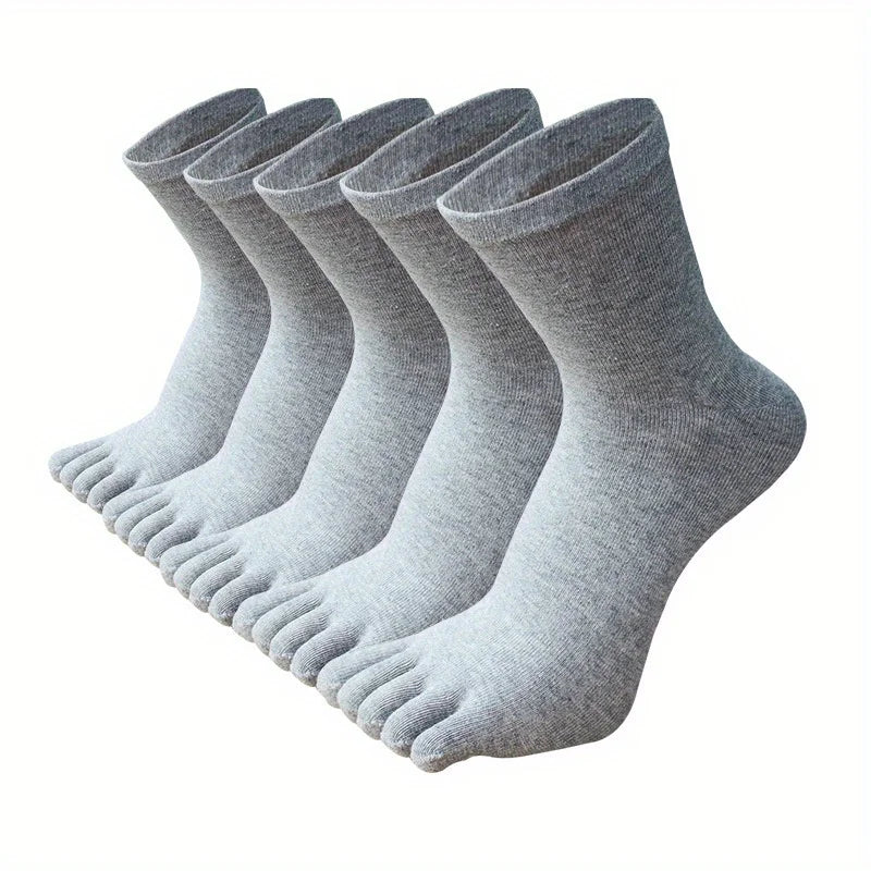 A stack of five gray men's breathable cotton split toe socks