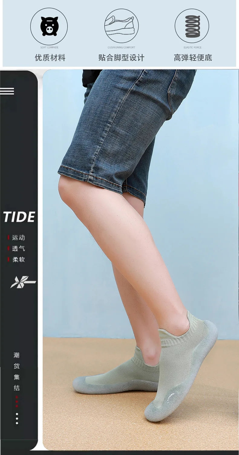 A person is shown wearing light green slip-on shoes while standing, with text highlighting features like durable material and