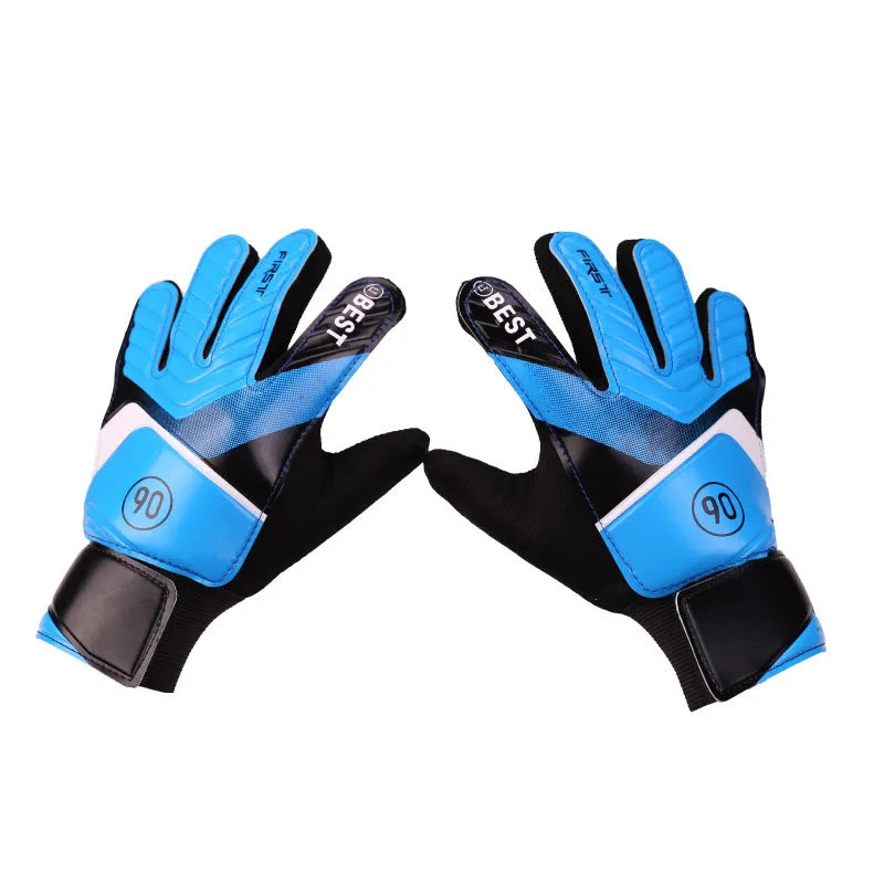 A pair of blue and black latex goalkeeper football gloves with the number 90 visible on the palm.