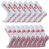 A pack of white non-slip grip socks with red and black logos, displayed in a row.